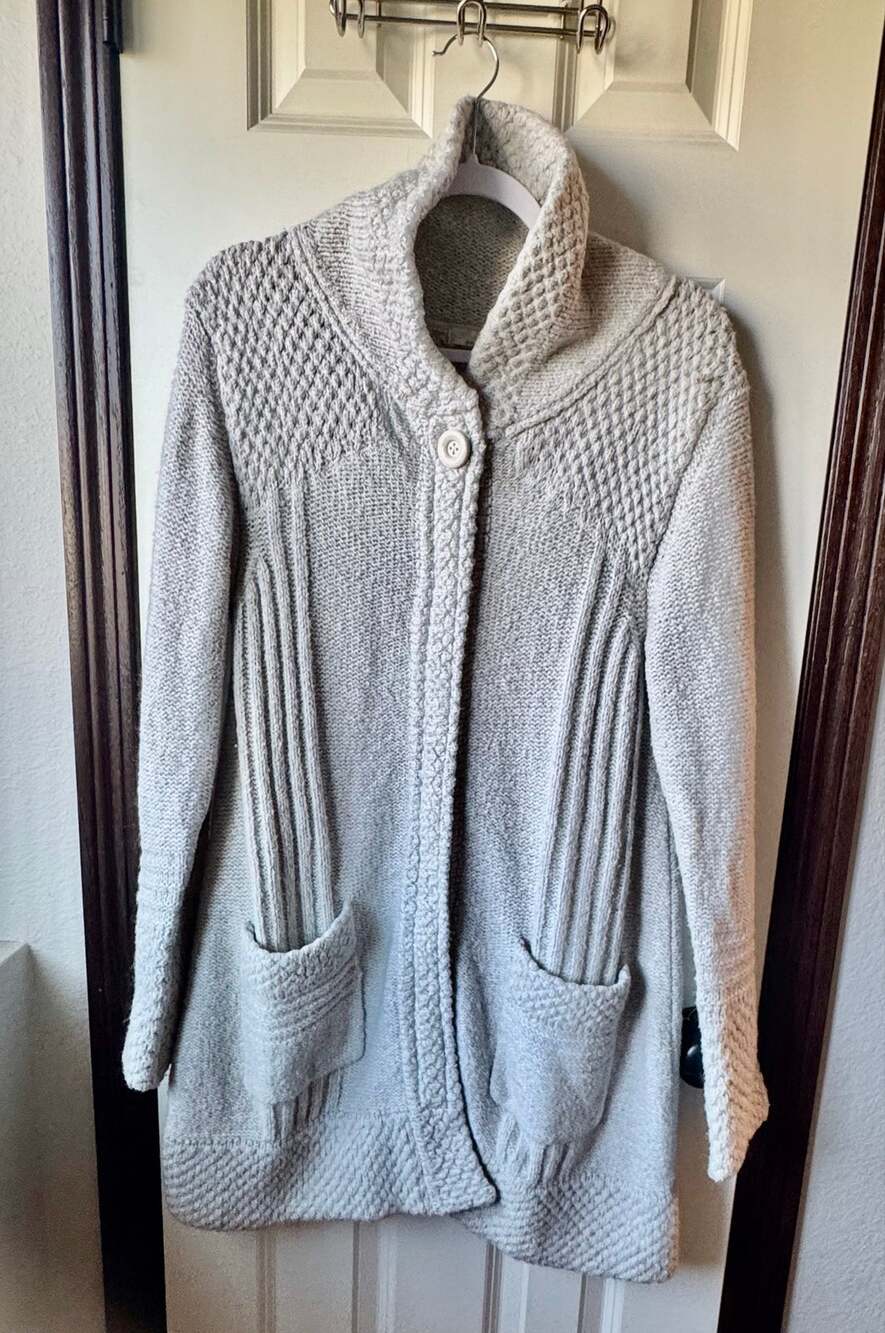 prAna Women's Large Chunky Knit Single-Button Long Cardigan Sweater Grey/Cream